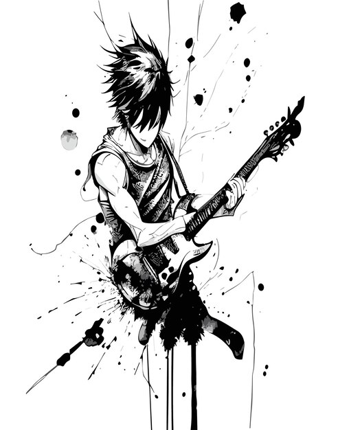 Vecteur style de dessin à l'encre minimaliste par tsutomu nihei fragilité d'un garçon jouant de la guitare