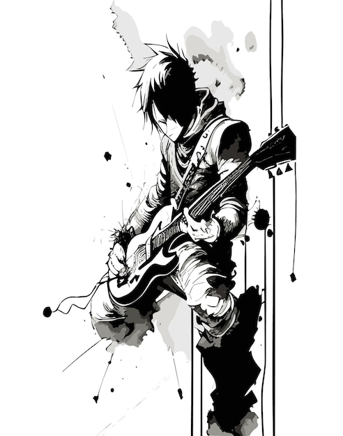 Vecteur style de dessin à l'encre minimaliste par tsutomu nihei fragilité d'un garçon jouant de la guitare