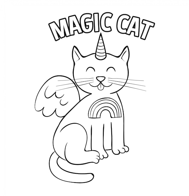 Vecteur style de doodle licorne mignon chat magique blanc.