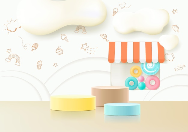 Style enfant podium de rendu 3D avec fond pastel coloré avec espace pour les enfants ou les produits pour bébés