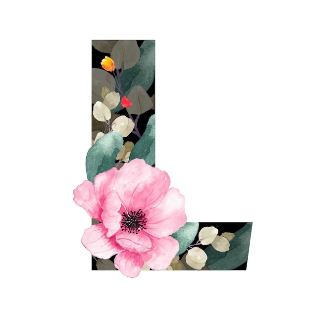 Style floral majuscule L. Avec des fleurs et des feuilles de plantes.