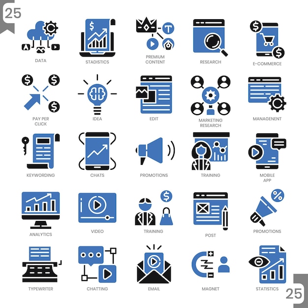 Le style d'icône plate de marketing numérique et l'ensemble d'icônes Pixel Perfect