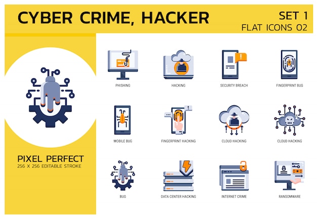 Vecteur style d'icônes plat. hacker cyber crime attack