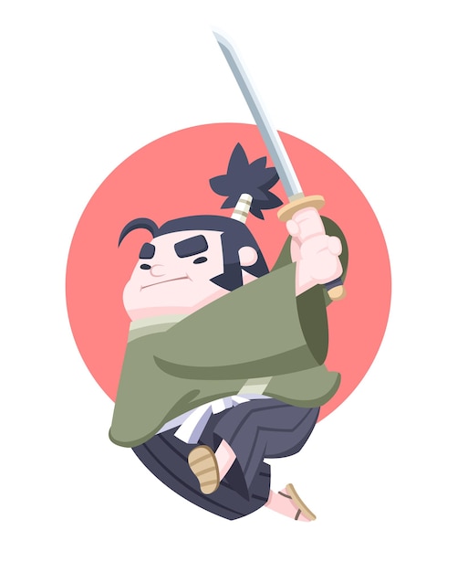 Style Mignon Déterminé Samouraï Potelé Japonais Sautant Avec Katana Dans Sa Caricature De Main