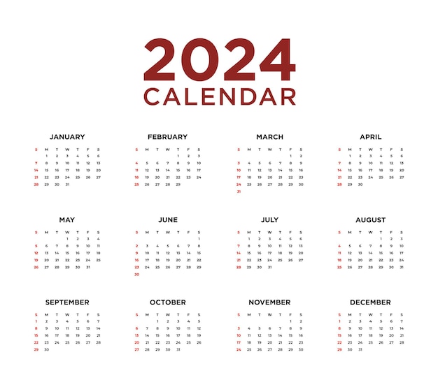 Style Minimal Année Civile 2024 Calendrier Pour L'ordre Du Jour Vectoriel De La Nouvelle Année 12 Mois Calendrier