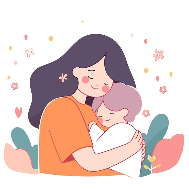 style minimal de mignon dessin animé mère étreignant ses enfants