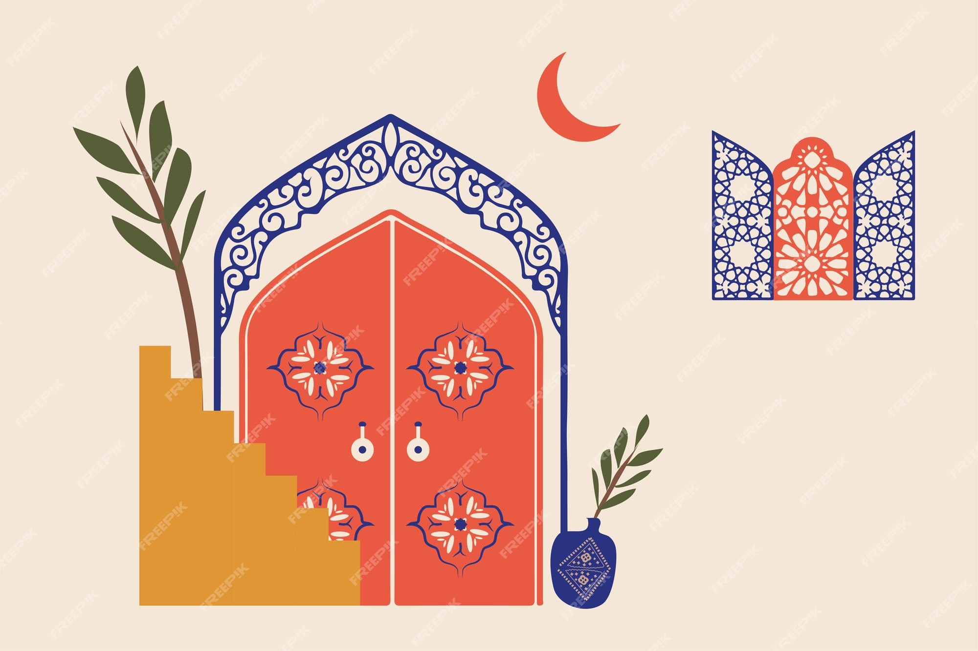 Dessin Porte Orientale A Imprimer Style Moderne Et Minimaliste. Scène Marocaine. Un Marocain Des Portes, Fenêtres Et Artisanat Traditionnel | Vecteur Premium