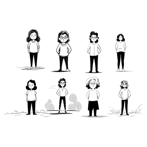 Vecteur style de notion monochromatique debout filles personnage défini illustration vectorielle ligne plate