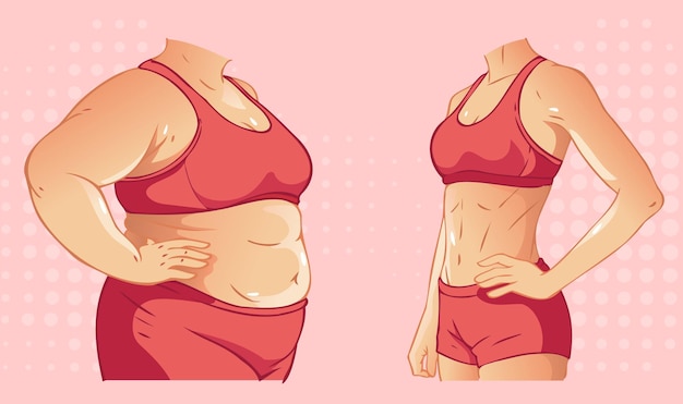 Style peint à la main de vêtements de sport rouges femmes avant et après comparaison du corps de fitness