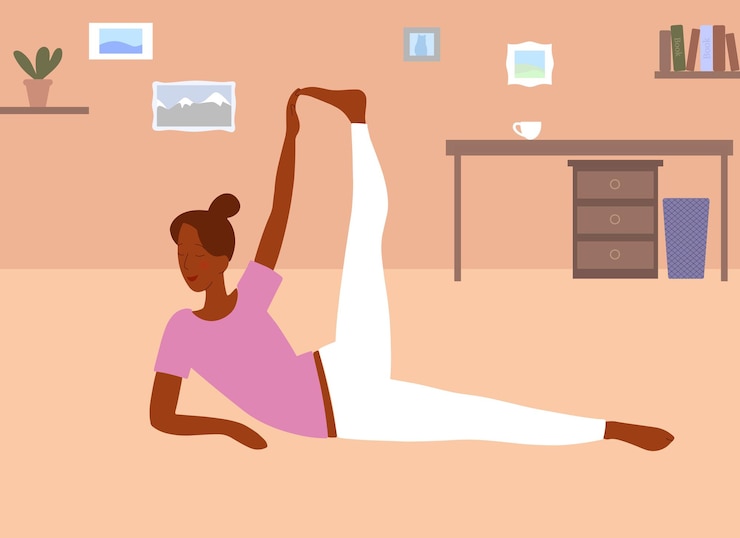 Vecteur style plat. du sport à la maison. femme qui s'étire. posture de yoga. une fille élégante tient sa jambe par la main.