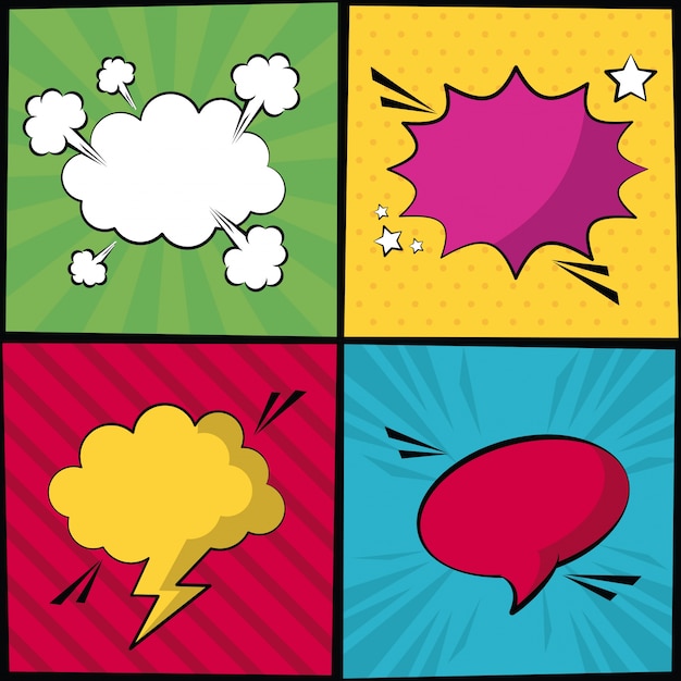 Style pop art avec rayures et légende de dialogue sous différentes formes