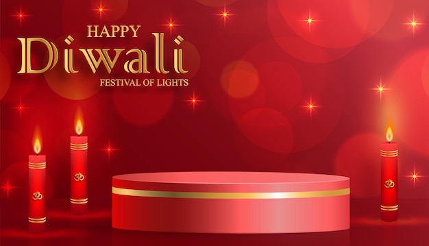 Style de scène ronde podium 3d pour Diwali Deepavali ou Dipavali le festival indien des lumières avec éclairage de feu de lampe Diya et objets orientaux sur fond de couleur