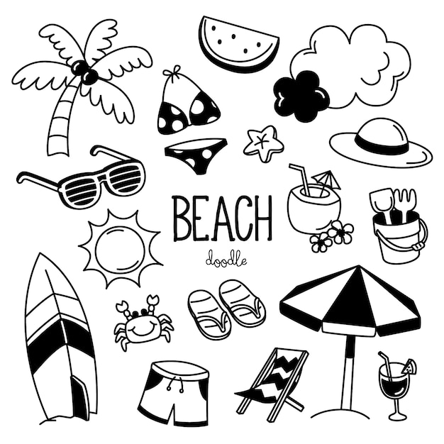 Styles de dessin à la main avec des articles de plage. Plage de Doodle.