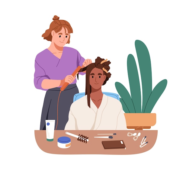 Styliste de coiffure redressant les cheveux des clients Coiffure faisant une coiffure avec des pinces de redressage Client femme au salon de beauté Illustration vectorielle plate isolée sur fond blanc