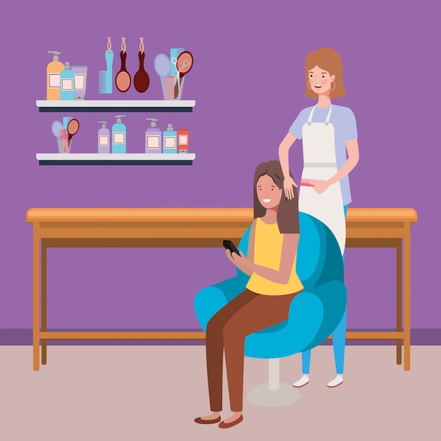 Styliste fixant les cheveux au client dans les personnages du salon