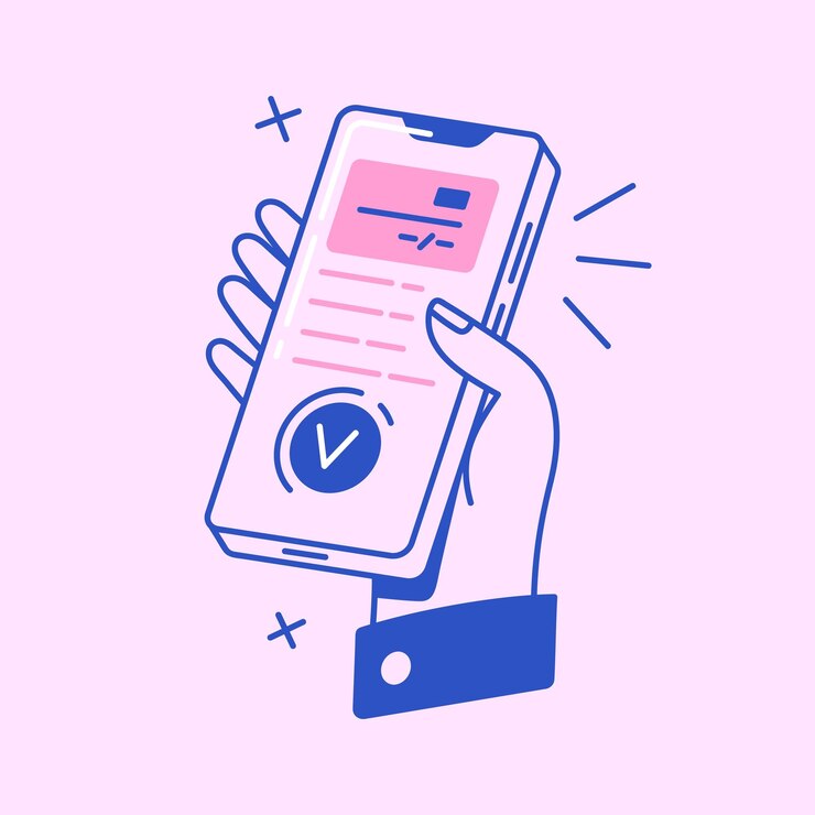 Vecteur succès paiement sans numéraire dans l'application bancaire en ligne personnes détenant un téléphone payer par carte numérique sur internet confirmation de transaction transfert d'argent remise plat isolé illustration vectorielle linéaire