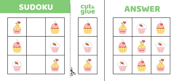 Sudoku facile avec trois cupcakes Jeu de puzzle pour les petits enfants Couper et coller dessin animé