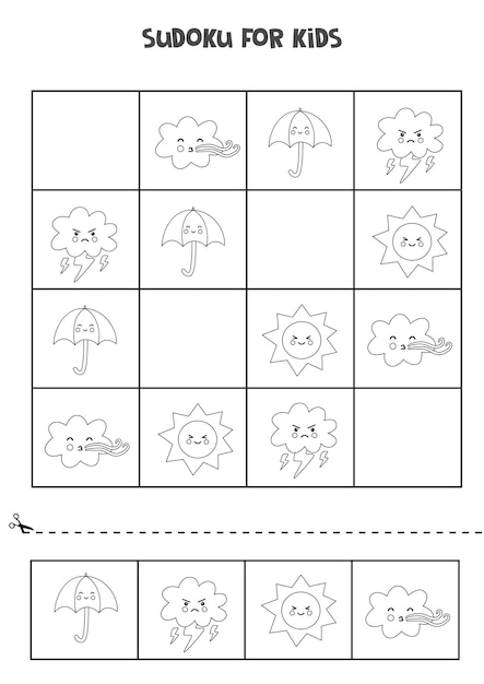 Sudoku Noir Et Blanc Pour Les Enfants D'âge Préscolaire. Jeu De Logique Avec Des éléments Météorologiques.