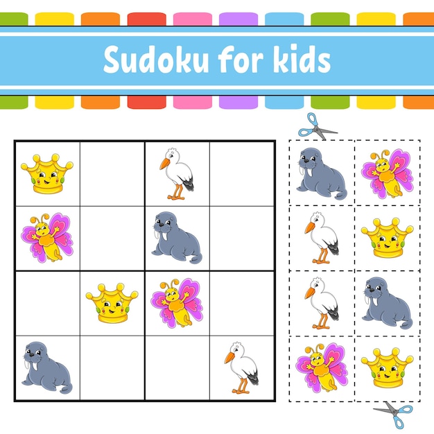 Sudoku Pour Les Enfants Feuille De Travail Sur Le Développement De L'éducation Page D'activité Avec Images Jeu De Puzzle Pour Enfants Entraînement à La Pensée Logique Personnage Drôle Illustration Vectorielle