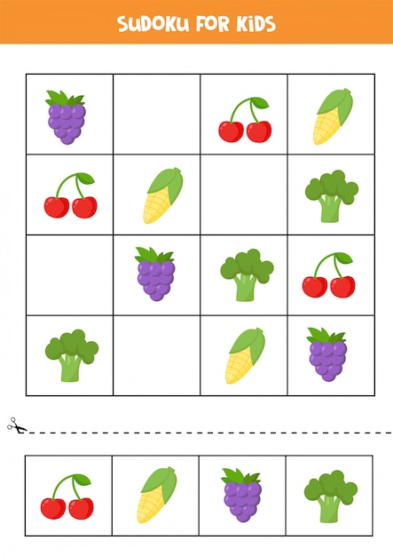 Sudoku Pour Les Enfants Avec Des Fruits Et Légumes De Dessin Animé Mignon. Puzzle Logique Pour Les Enfants. Casse-tête Pour Les Enfants D'âge Préscolaire. Feuille De Calcul Imprimable.