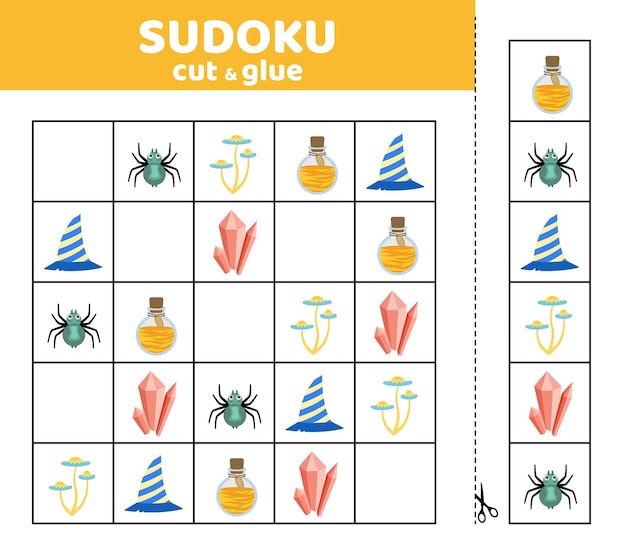 Sudoku pour enfants avec potion chapeau araignée cristal champignon Halloween sudoku coupe et colle dessin animé