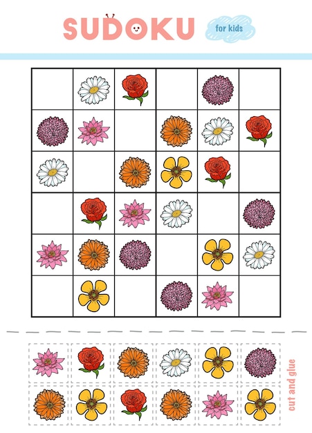 Sudoku Pour Jeu éducatif Pour Enfants Ensemble De Fleurs Utilisez Des Ciseaux Et De La Colle Pour Remplir Les éléments Manquants