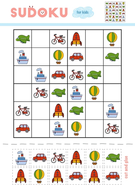 Sudoku Pour Le Jeu D'éducation Des Enfants Objets De Transport De Dessin Animé Utilisez Des Ciseaux Et De La Colle