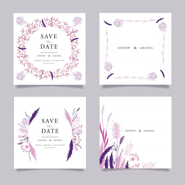 Suite De Carte D'invitation De Mariage Avec Des Modèles De Fleurs. Illustration Vectorielle