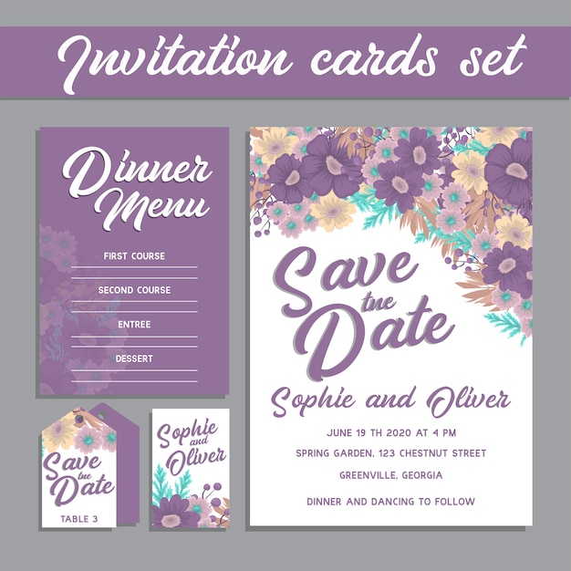 Suite De Cartes D'invitation De Mariage Avec Des Fleurs.