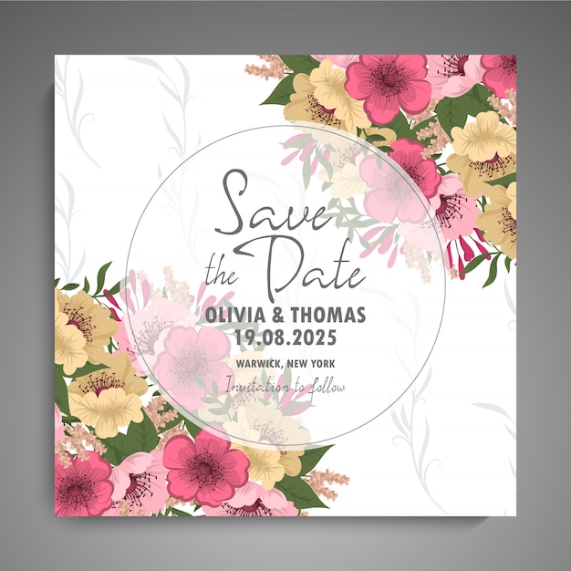 Suite De Cartes D'invitation De Mariage Avec Des Fleurs.