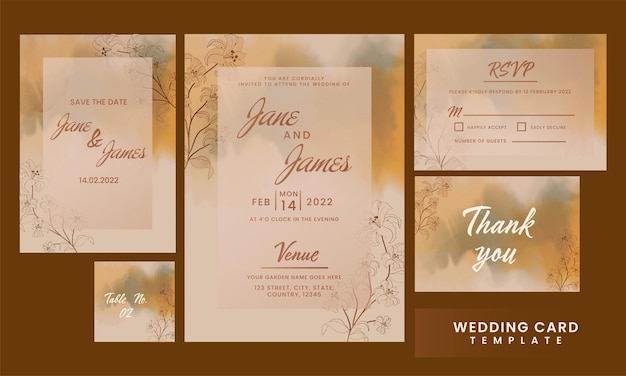 Suite De Cartes D'invitation De Mariage Floral Sur Fond Marron.