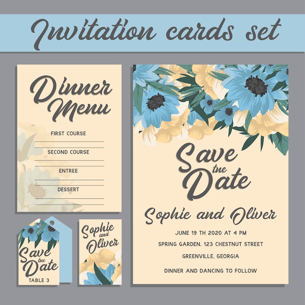 Suite De Cartes D'invitation De Mariage Avec Des Modèles De Fleurs.