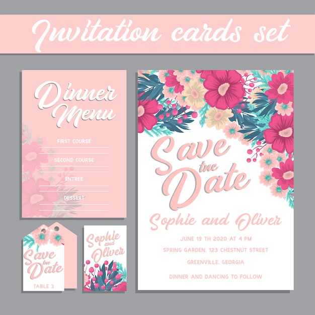 Suite De Cartes D'invitation De Mariage Avec Des Modèles De Fleurs.