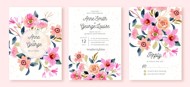 Suite D'invitation De Mariage Avec Aquarelle De Jardin De Fleurs De Pêche Rose