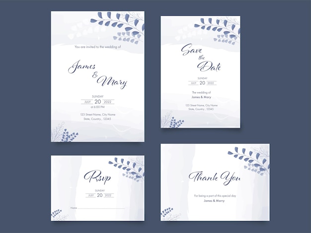 Suite d'invitation de mariage décorée de feuilles sur fond gris ardoise.