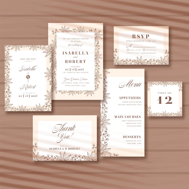 Suite d'invitation de mariage floral présente sur fond brun