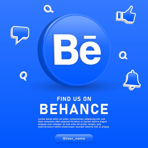 Suivez-nous Sur Le Logo Behance 3d Et Les Icônes De Notification D'arrière-plan Des Médias Sociaux Comme L'icône De Cloche De Commentaire