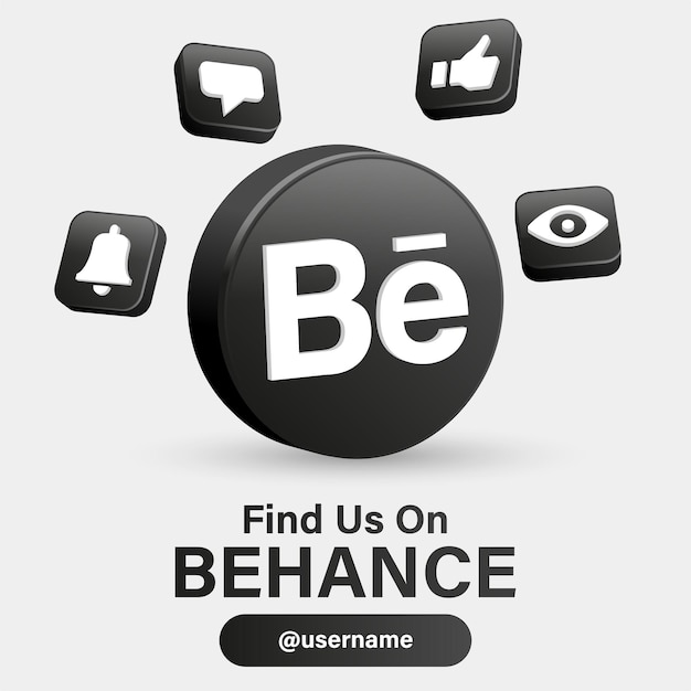 Vecteur suivez-nous sur les logos de médias sociaux behance avec logo 3d dans un cadre noir moderne avec des icônes de notification