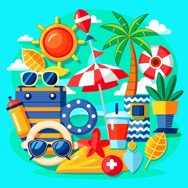 Vecteur summer vacation holiday travel beach elements hand drawn flat stylish cartoon sticker icon concept