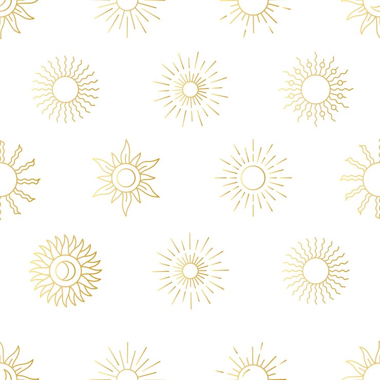 Sun boho motif Art déco lueur dorée Faisceau de ligne minimale ou éclat de soleil or rétro lumières d'été cercle géométrique étoiles papier d'emballage textile de décoration Arrière-plan sans couture vectoriel