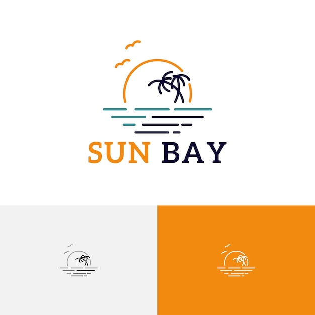 Sun Palm Bay Beach Coast Sea Nature Tour Travel Line Style Logo