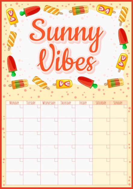 Sunny Vibes. Calendrier Mensuel Coloré Avec Des éléments De Crème Glacée. Planificateur D'été Savoureux