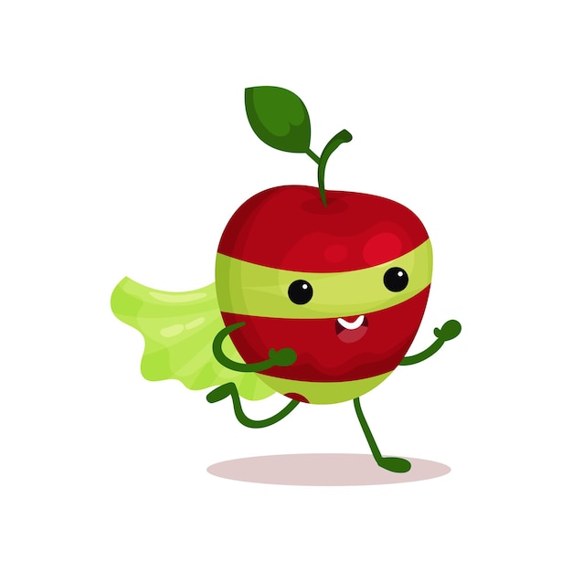 Super-héros drôle de pomme rouge dans un masque et une cape verts, courant pour sauver le monde. Alimentation saine. Vengeur de héros de fruits frais. Illustration vectorielle à plat pour la conception d'enfants, autocollant emoji, badge ou carte.