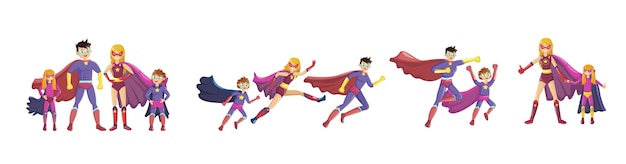 Super-héros parents souriants et leurs enfants en costumes de super-héros avec cape et masques