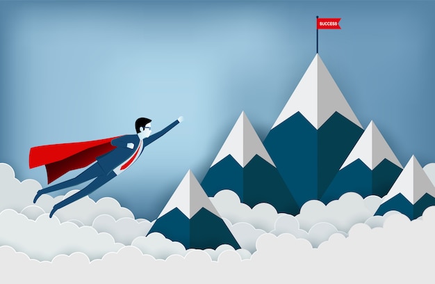Les super-héros volent vers la cible du drapeau rouge sur les montagnes tout en survolant un nuage