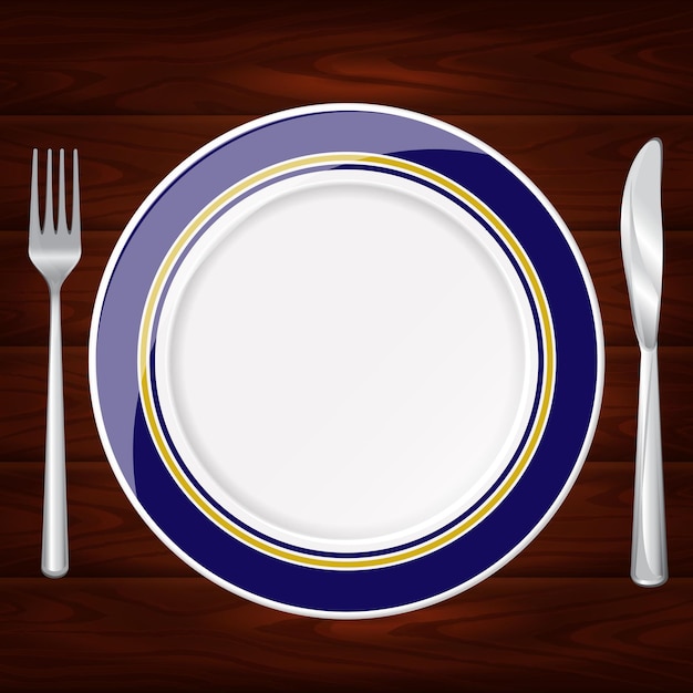 Superbe assiette avec ornement doré sur la table avec fourchette et couteau L'image vectorielle peut être utilisée pour le menu alimentaire ou la conception d'affiches Web ou d'autres objets d'artisanatxA