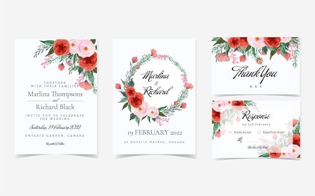 Superbe Suite D'invitation De Mariage Floral Rouge Et Rose Vintage