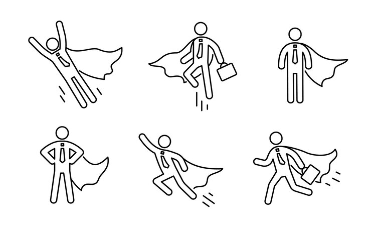 Vecteur superhero business pictogramme homme ligne icon set superhero businessman flying contour figure victory travailleur employeur pictogramme personne