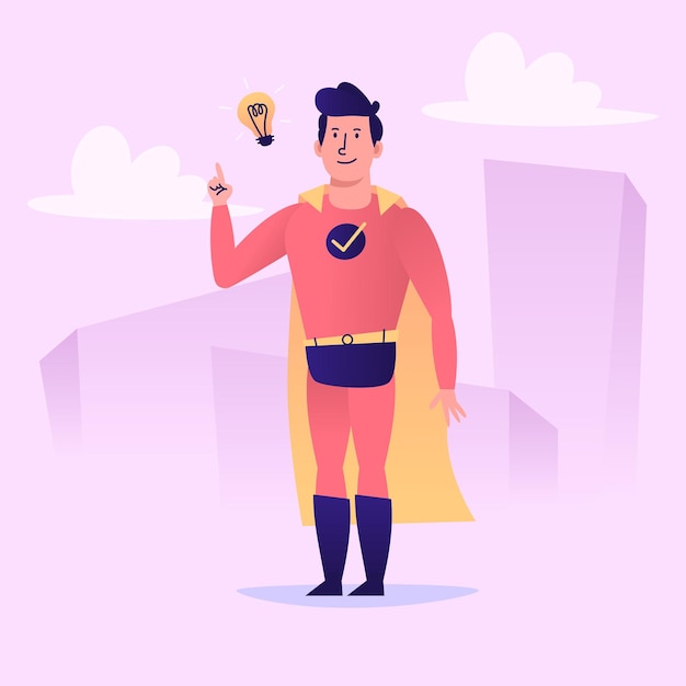 Superhero A Eu Une Idée Et Des Sourires. Caractère Vectoriel. Illustration Vectorielle