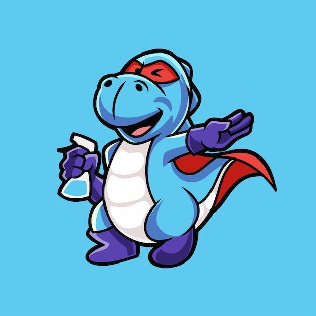 Superhero Kid Dinosaur Cartoon Holding Désinfectant